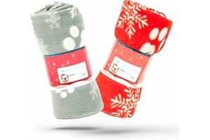 PETOPEDIA 2 X Christmas Dog Blankets Washable Snowflake Paw Prints Dog Pet Blanket for Cat Soft Warm Dog Fleece Puppy Cat Blanket (100cm X 120cm, RED and GREY (Pack of 2))
