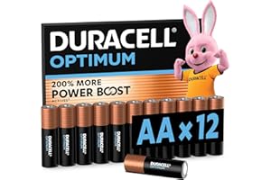 DURACELL Optimum Piles AA (Lot de 12) – Piles Alcalines 1,5V – +200 % d’actifs Power Boost – Répondent aux exigences des appareils modernes–100 % Recyclables, 0 % de plastique dans l’emballage–MX1500