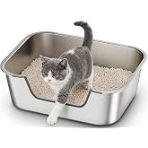 Cat Litter Box Stainless Steel with Low Edges, Litter Box for Older or Injured Cats, Large XXL Cat Litter, Non-Stick, Odorles