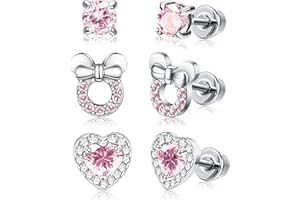 ADRAMATA 3 Pairs Girl Screwback Earrings for Women Heart CZ Stud Children Toddler Earrings Stainless Steel Set for Kids