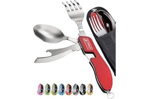 Orblue Paquete de 2 utensilios de camping 4 en 1 – Cuchara portátil de acero inoxidable para camping, tenedor, cuchillo y abridor de latas/botellas – Utensilios de embalaje con funda