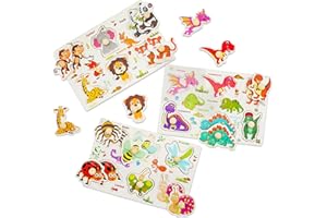 AluAbi Wooden Peg Puzzles for Kid, 3 Pack Color Montessori Puzzles Toy, Animal Dinosaur Insect Educational Preschool Matching Toy Toddlers Ages 3+, Motor Skill Early Learning Gift for Birthday