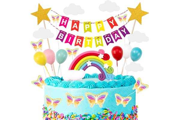 Tårtdekoration Födelsedag - Happy Birthday Topper Med Makaron, Moln, Stjärna, Fjäril, Ballong för Barn, Flickor, Pojke