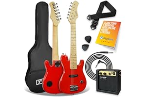 3rd Avenue 1/4 Size Kids Electric Guitar Pack for Junior Beginners - 6 Months FREE Lessons, 5W Portable Amp, Cable, Bag, Picks and Strap - Red