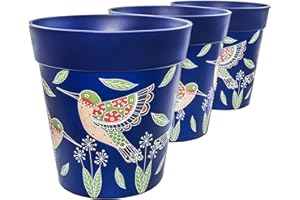 Hum Flowerpots, 22cm Set of 3, Various Patterns Colours and Sizes, Indoor/Outdoor Plastic Plant Pots, Blue Hummingbird