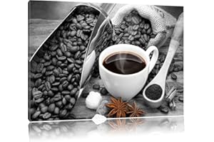 PIXXPRINT café frais à côté des grains de café noir / blanc Taille: 60x40 sur toile, énorme XXL Photos complètement encadrée avec civière, art impression sur murale avec cadre, moins cher que la peinture ou la peinture à l'huile, aucune affiche ou un poster