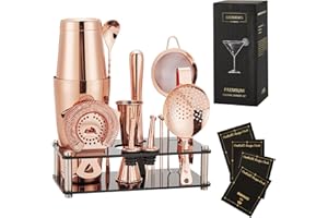 GIENXIAS Ensemble Boston Shaker 16 pièces – Kit de cocktail en acier inoxydable avec shaker, filtre, pince à glace, cuillère, doseur, pilon, 4 pics à cocktail et 2 verseurs. (Or rose)