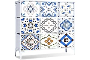 LYNCOHOME Chest of Drawers, Fabric Storage Unit with Deep and Large Drawers, 9 Drawers Wide Dresser with Metal Frame and Wooden Top for Bedroom, Living room, Kid's room, Closet, Entryway.