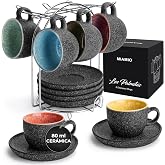 MIAMIO - 6 ceramic espresso cups (80 ml) - Las Palmitas | Ceramic Espresso Cups with Saucers and Stand, Set of 6 for Espresso