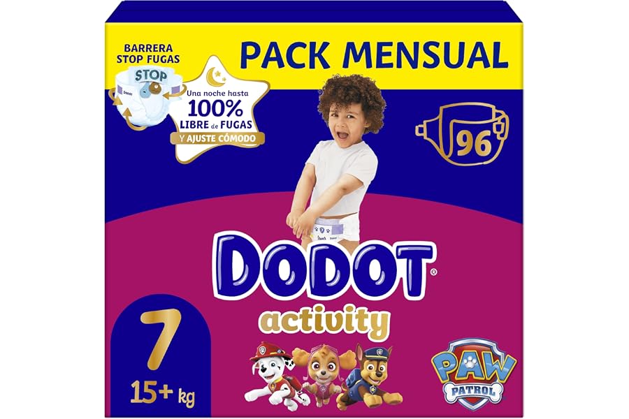Dodot Pañales Bebé Activity, Talla 7 (15+ kg), 96 Pañales, Hasta 12h de Protección Antifugas y Ajuste, Pack Mensual