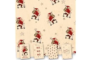ABSOLUTELY YOURS Christmas Wrapping Paper. 8 XL Sheets (50 x 70cm). Santa on Scooter design. Gift Wrap with matching Tags. Cutting grid on reverse.