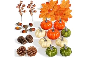 Miaikoe Pumpkin Decor Set, 25 Pieces Autumn Artificial Maple Leaves, Harvest Pumpkins, Acorn, Pine Cone and Orange Berries Stem Decorations for Autumn Thanksgiving Table Decor
