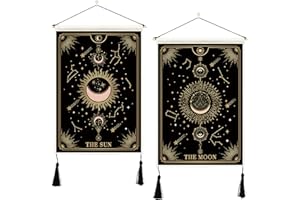 ORTIGIA 2 Pack Sun and Moon Tapestry with Tassels Tarot Card Black Tapestry Wall Hanging Mysterious Constellation Tapestry Wall Art Vertical Home Decor for Bedroom Living Room 14"W x 20"L (35cmx50cm)