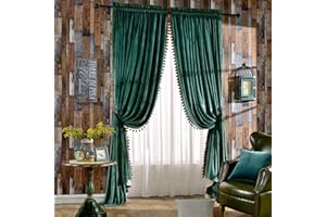 Melodieux Luksusowe aksamitne zasłony z pomponami do sypialni salonu, izolacja termiczna, kieszeń na pręt, 132 x 213 cm, antyczny zielony (1 para)