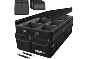 FORTEM Organisateur de Coffre Voiture, Rangement Pliable SUV Multi Compartiments, Accessoires Auto pour Femme Homme, Tissu Oxford 600D, Fond Antidérapant, Sangles de Fixation, Couvercle Souple (85L)
