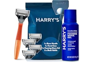 Harry's Razors for Men - Men's Razor Set with Bright Orange Handle, 5 Razor Blade Refills, Travel Blade Cover, 60ml Shave Gel