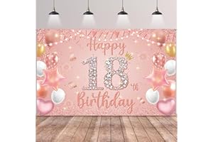 AURMONIGO Happy 18th Birthday Decorations Banner - Pink Rose Gold Decoration Backdrop Photography Background, Fabric Sign Poster for 18 Years Old Girls Birthday Party Supplies