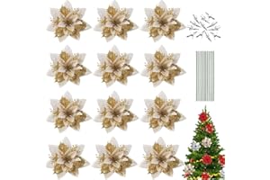 KOIROI 12 sztuk błyszczących gwiazd bożonarodzeniowych, brokatowa dekoracja bożonarodzeniowa z klipsami + łodygi, brokatowe kwiaty bożonarodzeniowe, na wesele, choinkę, wieniec na drzwi (złoty)