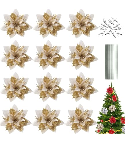 24 Stuks Fonkelende Kerstster Bloemen Met Clips - Glitter Kerstdecoratie