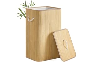 SONGMICS Panier à Linge avec Couvercle, 90 L, Corbeille à Linge Sale en Bambou, Rectangulaire, avec Poignées, Pliable, Sac Amovible Lavable en Machine, Couleur Naturelle LCB077YZ01