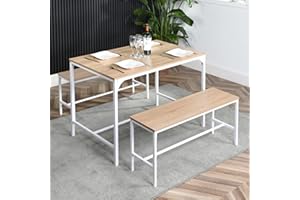 H.J WeDoo Dining Table with 2 Benches, 3 Piece Dining Room Set for Home Kitchen, Breakfast Table Chair Set, Metal Frame, Industrial Design, Oak & White