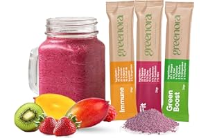 GREENORA Smoothie Végétalien Poudre de Fruits Lyophilisés 100% Naturelle. Déshydratée. Fraise Pomme Gingembre Mangue Betterave Spiruline. Sans Sucre Ajouté 9x24g