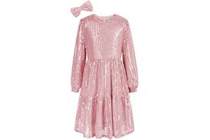GRACE KARIN Robe à Sequins à Manches Longues Col Rond pour Petite Fille en Ligne avec Nœud pour Cheveux