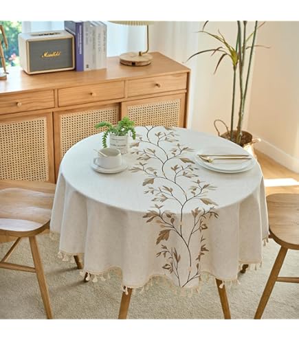 Nappes Coton SUCHDECO Nappe Ronde 120 Cm Grise Nappe De Table En Lin & Coton Lavable Anti -Tache Avec Glands, Broderie U00e0 Rayures Pour Anniversaire, Mariage, Salle U00e0 Manger, Table Basse Nappe