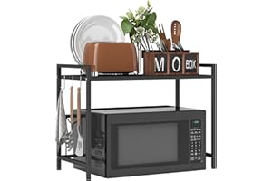 HOMCOM Étagère à Micro-Ondes Extensible à 2 Niveaux, Support pour Four à Micro-Ondes avec 3 Crochets et Cadre en métal, étagère de Rangement pour Cuisine, Bureau, Noir