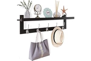 ‎SMIBUY SMIBUY Kleiderhaken mit Regal Wandmontage, 74 cm Eingangsbereich Garderobe für Wand, Bambus-Hängeregal mit 5 Doppel-Metallhaken für Badezimmer, Schlafzimmer, Küche, Wohnzimmer (Schwarz+Silbrig)