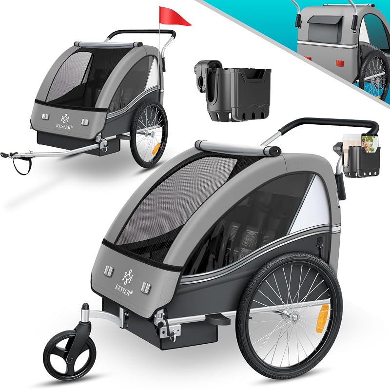 KESSER® Kinderfahrradanhänger Sport-RX 2in1 Jogger & Buggy 5-Punkt-Gurt Sicherheitsgurt 360° Vorderrad Kinderfahrradanhänger Reflektoren für 1-2 Kinder (max. 40 kg) Getränkehalter & Smartphonefach