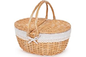 HEALSTOK Wicker Picknickkorb mit Griff, 38 cm großer leerer Picknickkorb mit Deckel und abnehmbarem Futter, Vintage Hand geflochtener Korb für Picknicks, Camping, Gemüse pflücken (weiße Blume, 40cm)