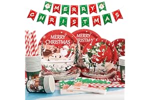 Yidaxing Vaisselle de Fête de Noël, Assiettes Jetable Decoration, Gobelets, Pailles, Serviettes, Nappe, Bannière pour Fête de Noël Décoration, 16 Invités
