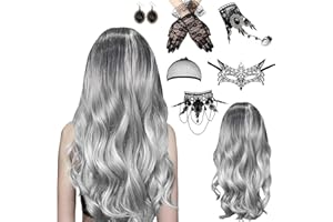 ZTBFHLZQ 7Pcs Peluca Mujer, Plata Gris Largo Rizo Peluca, Peluca con Collar Gótico, Peluca De Bruja, Ombre Gris Plata Largo Rizado, con Redecilla, Collar, Pulsera, Pendientes, Guantes, para Carnaval Halloween