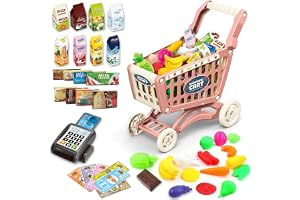 deAO Kundvagn Vagn för Barn Lekuppsättning, Barn Shopping Kund Vagn (Röd) | 30*43*46 CM, Innehåller 48 Livsmedelsmat Fruktgrönsaker Butikstillbehör, Present för Barn Pojkar och Flickor