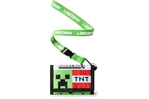 Minecraft Boys Strap Wallet | Green Trifold Wallet with TNT Block & Creeper Character Face Print for Kids | Childrens Cash & Card Holder Logo Strap | Mojang Video Game Merchandise Gift