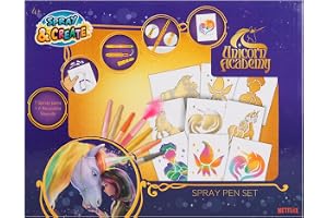 Unicorn Academy Spray Pen Set | Airbrush målningsset med 7 maskpennor och 6 stenciler | Magiska pennor för barn