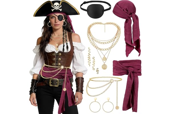 SelfTek karneval piratdräkt dam – 7 stycken medeltida piratdräkt tillbehör huvudduk halsband midjebä höftkedja örhängen hårsmycken ögonlapp för karneval fest
