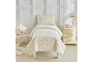 JHCHMX Cot Bed Duvet Cover Set,Beige Star Pattern Toddler Bedding Set For Girls,Soft Reversible Duvet Cover with Pillowcase Kids Bedding Set-120x150cm