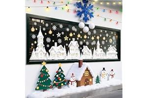 ‎DECALMILE decalmile Fensterbilder Weihnachten 3D Fensteraufkleber Weihnachten Häuser Weiß Fenster Abziehbilder Weihnachtsbaum Schneemann Schneeflocken Anti-Kollision Fenstersticker Glas Fensterdeko Aufkleber