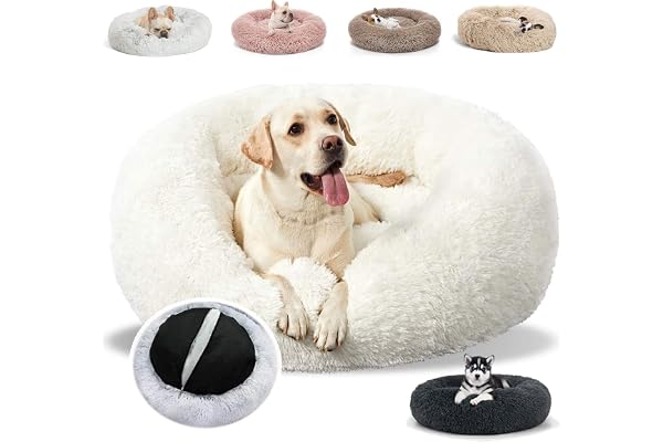 JRUI Coussin Grand Chien Lavable, Panier Grand Chien Dehoussable, Couffin Chien Anti Stress, Garder au Chaud et améliorer Le Sommeil M- 60cm, Blanc
