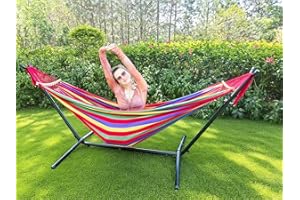 GOCAN Doppelhängematte 2 Person Large 220x160cm mit Stahlständer und Abnehmbarer Spreizstange Last 500lb, Leinwand Baumwollhängematten für Patio Veranda Garten Hinterhof Outdoor und Indoor,rot