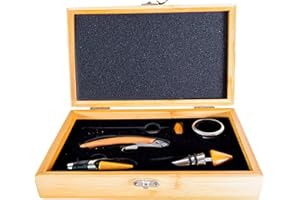 Pradel Excellence - Coffret Sommelier en Bambou 5 Pièces - Tire-Bouchon, Thermomètre, Stop-Goutte, Bouchon et Verseur - Présentation Élégante - Idéal pour les Amateurs de Vin