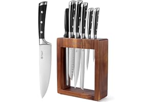 PAUDIN Ceppo coltelli set, set coltelli da cucina 7 pezzi affilati con ceppo in legno, set coltelli da cucina professionali con coltello da pane in acciaio inossidabile di alta qualità e manico in ABS