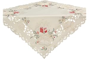 QUINNYSHOP Bezaubernde Weihnachten Mitteldecke/Tischdecke Creme-Weiß mit Rot Kerzen Glocken Stickerei - Größe wählbar (ca. 85 x 85 cm Eckig)