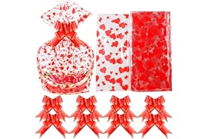 MIAHART 20 Pieces Valentine Large Basket Bags with 20 Pieces Bows Ribbon 23 x 35 Inches Cellophane Bags Heart Printed Cellophane Wrap for Baskets, Weddings, Bridal or Baby Showers