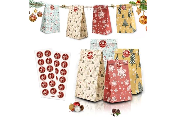 Mizijia Sacs cadeaux en papier kraft de Noël, 24 sacs, sacs cadeaux de Noël, sacs de bonbons en papier bricolage, emballage cadeau, anniversaire d'enfant, mariage, fête 12 * 8 * 22,5 cm
