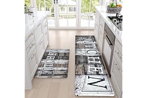 Yugarlibi Kitchen Mats Sets, 2 Piece PVC Memory Foam Kitchen Rugs, Waterproof Non-slip Anti-Fatigue Stain-Resistant Kitchen Runner Washable Standing Mats for Kitchen Floor Home Office 44x75+44x150cm