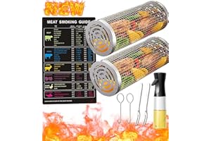 IGINOA Zylindrischer Grillkorb Rauchnetz Grillzylinder Edelstahl für Gemüse Kolibrin Grillrolle Grilltrommel Grillnetz Pommes Drachenkind Drehspieß Grillkäfig Basket Rund BBQ Rolling Grilling