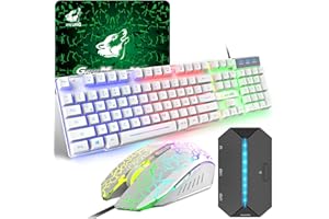 ZIYOU LANG Gaming Tastatur und Maus Set mit Adapter, QWERTZ German Layout Farbbeleuchtung Keyboard 6 Tasten 2400 DPI Maus und Mauspad, USB Verkabelt Ergonomische Design Kompatibel mit PS4 Xbox Switch, Weiß